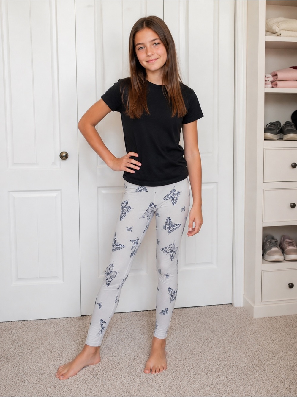 wonder nation Light Gray Leggings with Navy Butterfly Print
